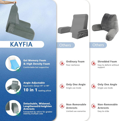 Kayfia Reading Pillow, 10 in 1 Back Pillow for Bed Sitting up with Detachable Arms Rest, Back Rest with Gel Memory Foam, Reading/Gaming/Working in Bed or Couch 19", Gray