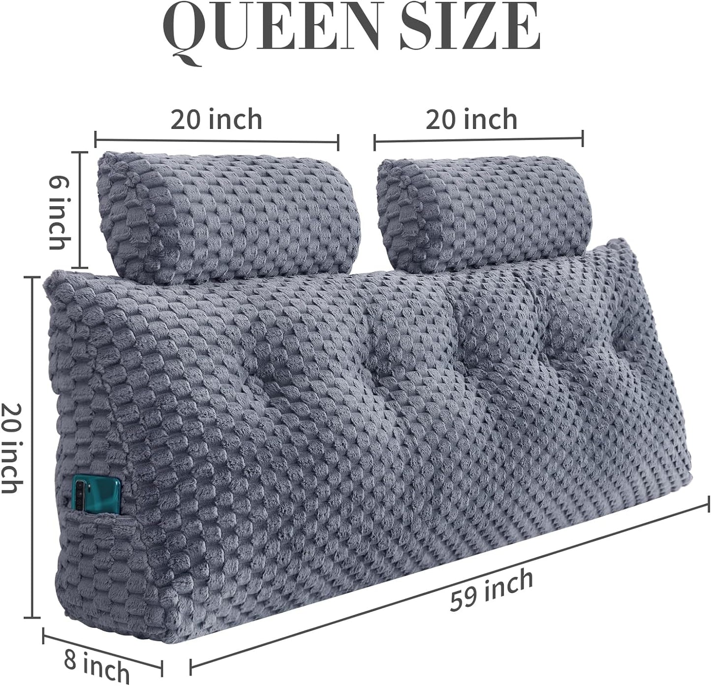 Wedge Headboard Pillow Queen- Bed Wedge Pillow for Headboard Triangular Headboard Pillow with Neck Roll Pillow-Large Bolster for Sitting in Bed Backrest Positioning Support (Grey,59x8x20 Inches)