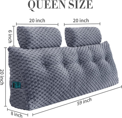 Wedge Headboard Pillow Queen- Bed Wedge Pillow for Headboard Triangular Headboard Pillow with Neck Roll Pillow-Large Bolster for Sitting in Bed Backrest Positioning Support (Grey,59x8x20 Inches)