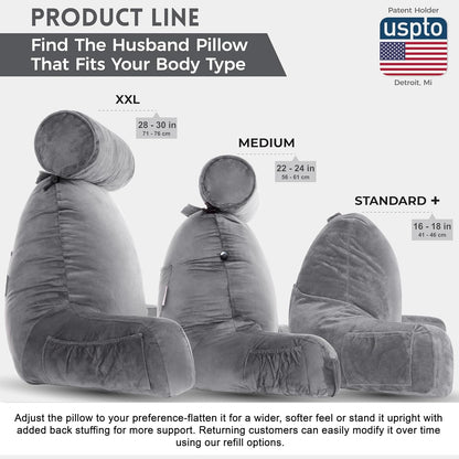 Husband Pillow XXL The Original for Adults - 30" Tall Backrest for Sitting Up in Bed - Firm Support Reading & Bed Rest Pillows for Adults, Neck Roll, Removable Cover - TV - Dark Grey