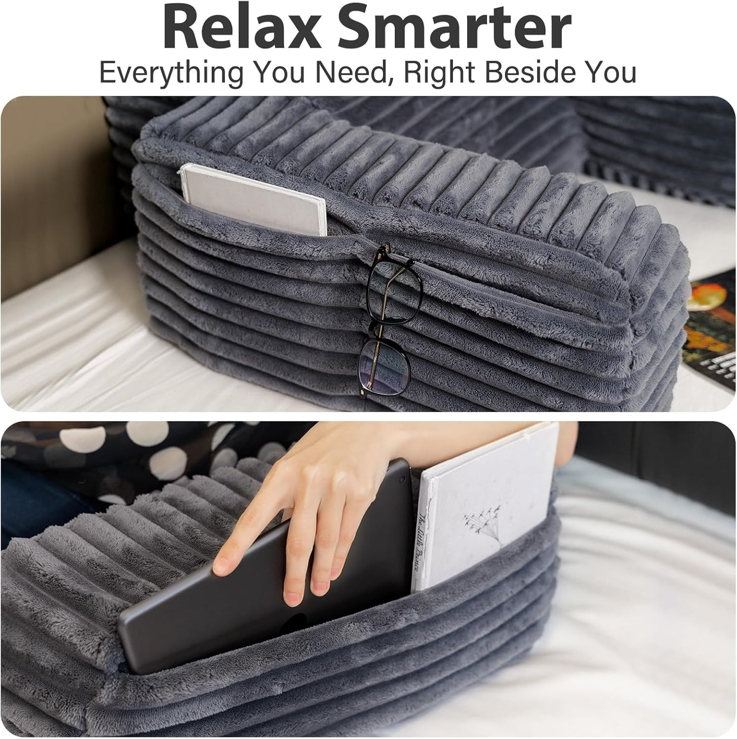 ENITYA 22" XL Back Pillow for Bed Sitting Up, Reading Pillow with Armrests & Big Pockets, Soft Back Support Chair, Ideal for Watching TV, Gaming, Nursing, Resting, Post Surgery, Dark Grey