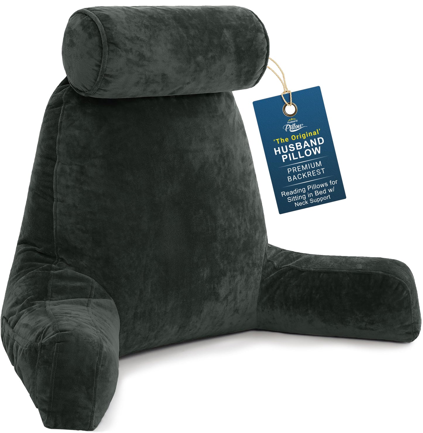 Husband Pillow XXL The Original for Adults - 30" Tall Backrest for Sitting Up in Bed - Firm Support Reading & Bed Rest Pillows for Adults, Neck Roll, Removable Cover - TV - Dark Grey