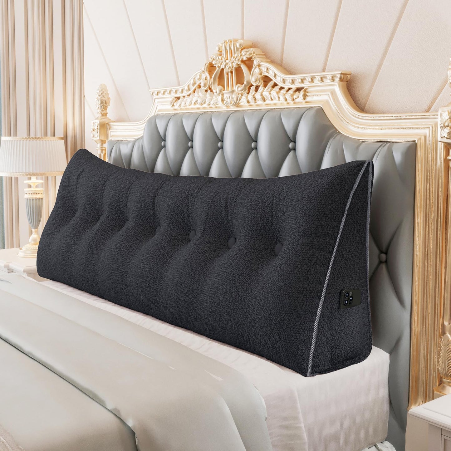 11 lbs Thickened Queen Headboard Pillow for Sitting Up in Bed, Back Support Reading Pillow with Side Pocket and Velvet Removable Cover, Triangular Large Wedge Headboard Pillow