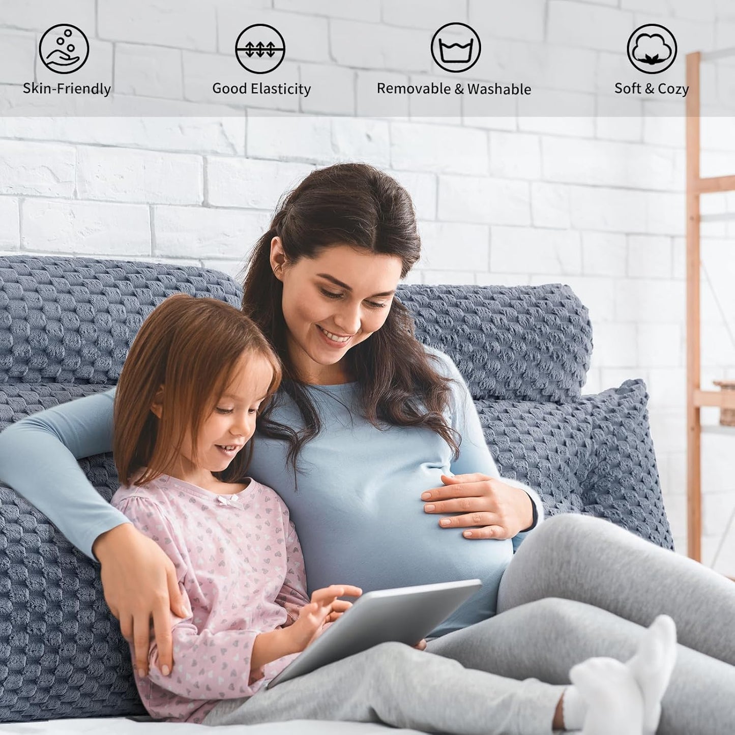 Wedge Headboard Pillow Queen- Bed Wedge Pillow for Headboard Triangular Headboard Pillow with Neck Roll Pillow-Large Bolster for Sitting in Bed Backrest Positioning Support (Grey,59x8x20 Inches)