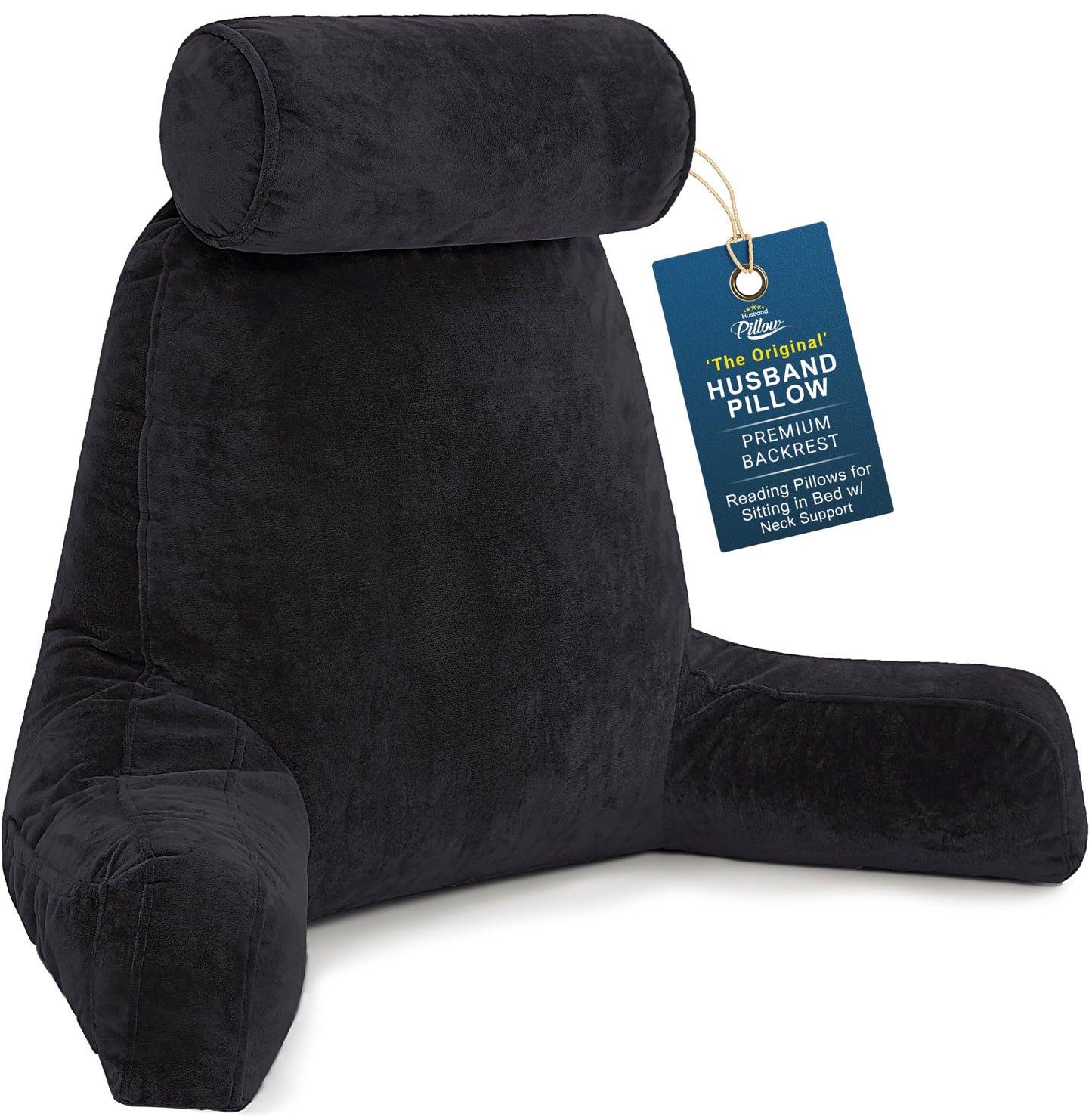 Husband Pillow XXL The Original for Adults - 30" Tall Backrest for Sitting Up in Bed - Firm Support Reading & Bed Rest Pillows for Adults, Neck Roll, Removable Cover - TV - Dark Grey