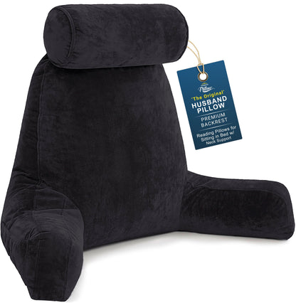 Husband Pillow XXL The Original for Adults - 30" Tall Backrest for Sitting Up in Bed - Firm Support Reading & Bed Rest Pillows for Adults, Neck Roll, Removable Cover - TV - Dark Grey