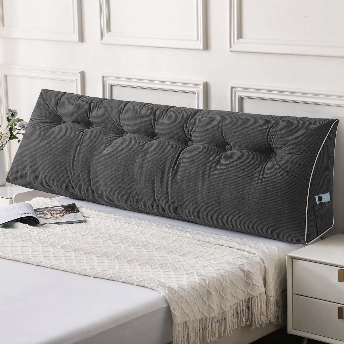 Sasttie Headboard Pillow Queen, Triangular Wedge Pillow Headboard, Wedge Headboard Pillow for Bed Sofa, Daybed Pillows for Sitting up, Reading or Working with Removable Cover, Dark Grey