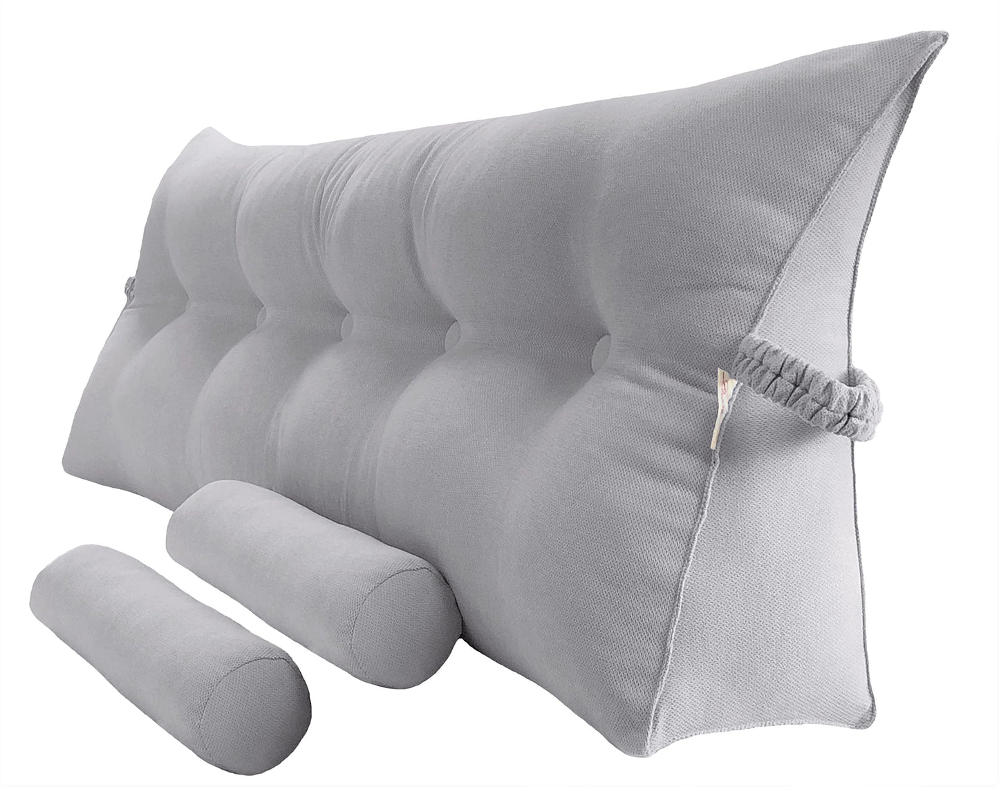 Triangular Reading Bed Rest Pillow Large Bolster Cushion Headboard Backrest Wedge Pillow with Two Detachable Roll Pillows for Neck & Lumbar Support (Beige, Queen: 59 x 8 x 20 inches)
