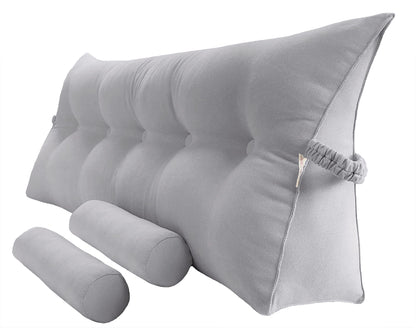 Triangular Reading Bed Rest Pillow Large Bolster Cushion Headboard Backrest Wedge Pillow with Two Detachable Roll Pillows for Neck & Lumbar Support (Beige, Queen: 59 x 8 x 20 inches)