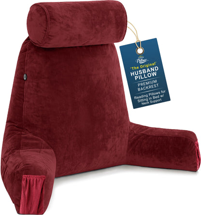 Husband Pillow XXL The Original for Adults - 30" Tall Backrest for Sitting Up in Bed - Firm Support Reading & Bed Rest Pillows for Adults, Neck Roll, Removable Cover - TV - Dark Grey