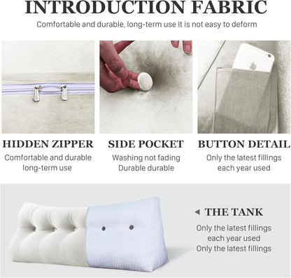 11 lbs Thickened Queen Headboard Pillow for Sitting Up in Bed, Back Support Reading Pillow with Side Pocket and Velvet Removable Cover, Triangular Large Wedge Headboard Pillow