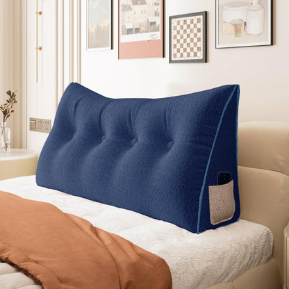 11 lbs Thickened Queen Headboard Pillow for Sitting Up in Bed, Back Support Reading Pillow with Side Pocket and Velvet Removable Cover, Triangular Large Wedge Headboard Pillow