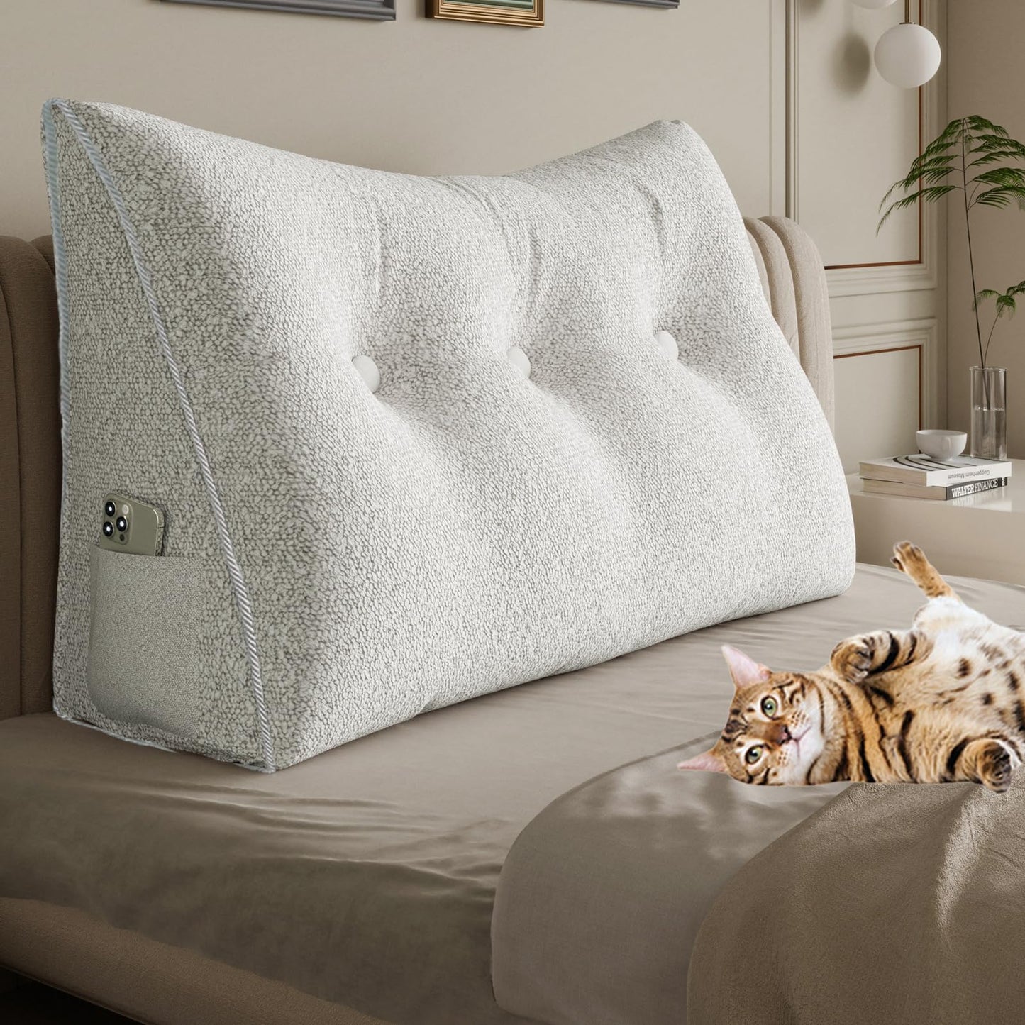 11 lbs Thickened Queen Headboard Pillow for Sitting Up in Bed, Back Support Reading Pillow with Side Pocket and Velvet Removable Cover, Triangular Large Wedge Headboard Pillow