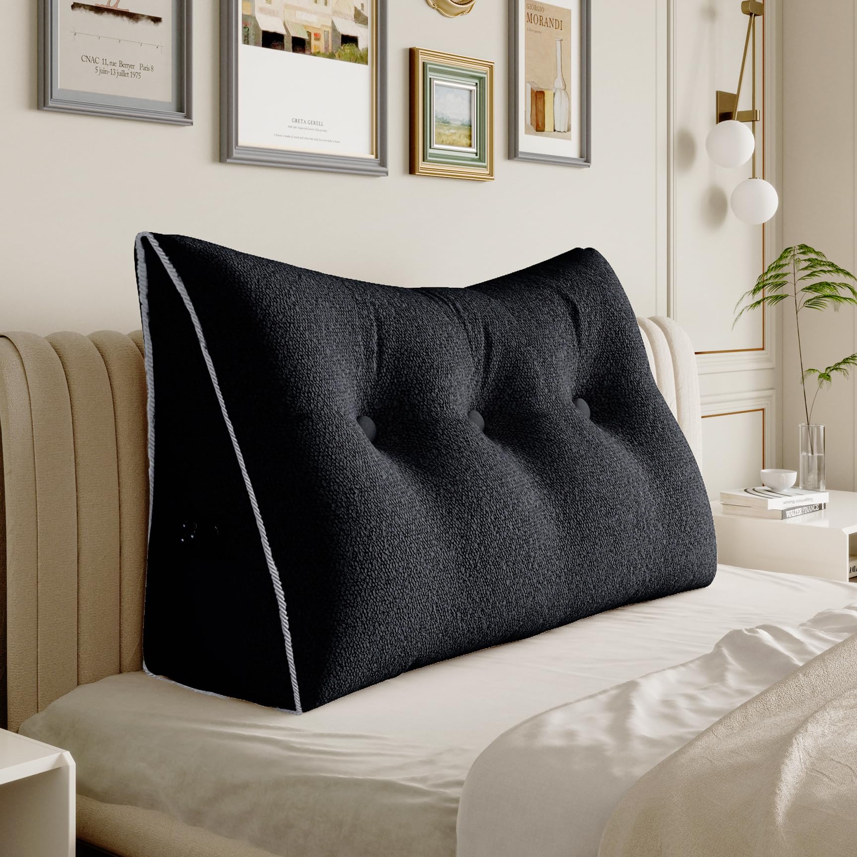 11 lbs Thickened Queen Headboard Pillow for Sitting Up in Bed, Back Support Reading Pillow with Side Pocket and Velvet Removable Cover, Triangular Large Wedge Headboard Pillow