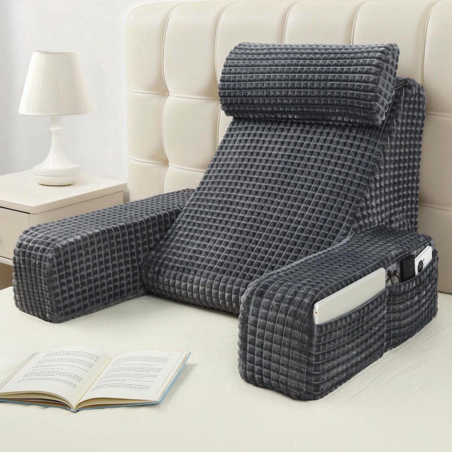 Vekkia Reading Pillow for Adults – Ergonomic 45° Wedge Back Support Chair for Sitting in Bed, XL Side Pockets, Perfect for Working, Gaming, Watching TV, Relaxing, or Recovery, Great Gift Idea, 19”