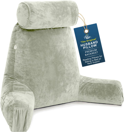 Husband Pillow XXL The Original for Adults - 30" Tall Backrest for Sitting Up in Bed - Firm Support Reading & Bed Rest Pillows for Adults, Neck Roll, Removable Cover - TV - Dark Grey