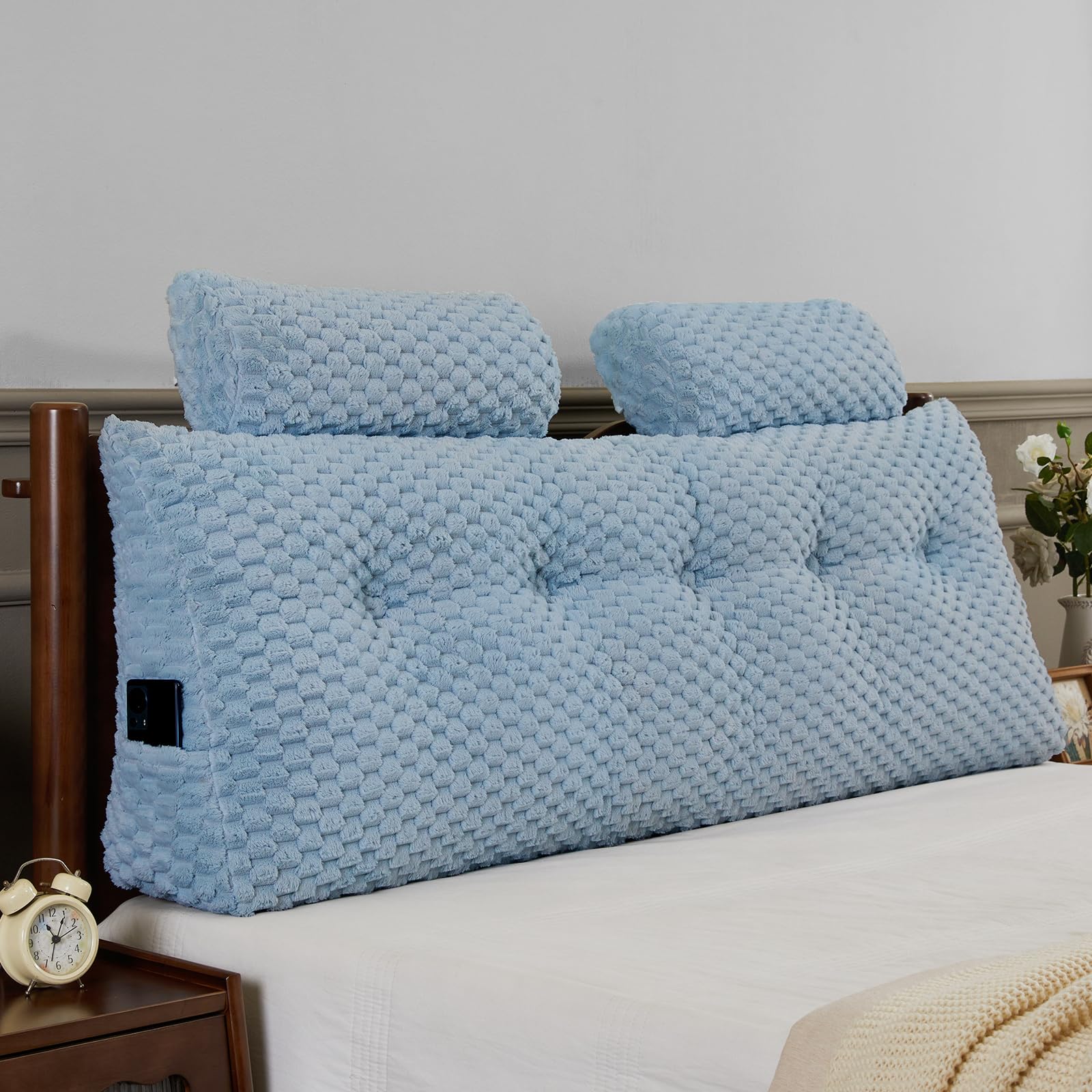 Wedge Headboard Pillow Queen- Bed Wedge Pillow for Headboard Triangular Headboard Pillow with Neck Roll Pillow-Large Bolster for Sitting in Bed Backrest Positioning Support (Grey,59x8x20 Inches)