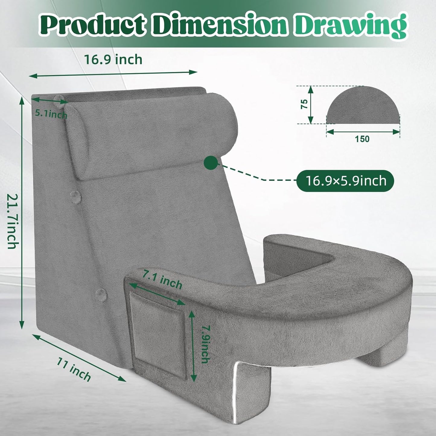 Reading Pillow Set for Adults 3-Piece - Ergonomic Back/Neck Support with Arms & Pockets - 26D High-Density Foam for Bed/Couch Reading Gaming Watching TV (Light Gray)