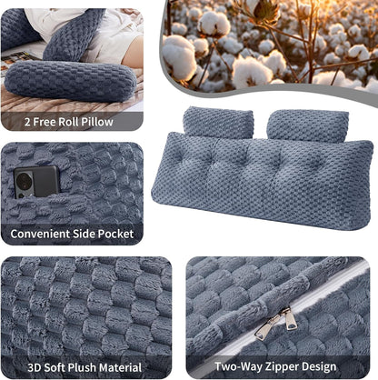 Wedge Headboard Pillow Queen- Bed Wedge Pillow for Headboard Triangular Headboard Pillow with Neck Roll Pillow-Large Bolster for Sitting in Bed Backrest Positioning Support (Grey,59x8x20 Inches)