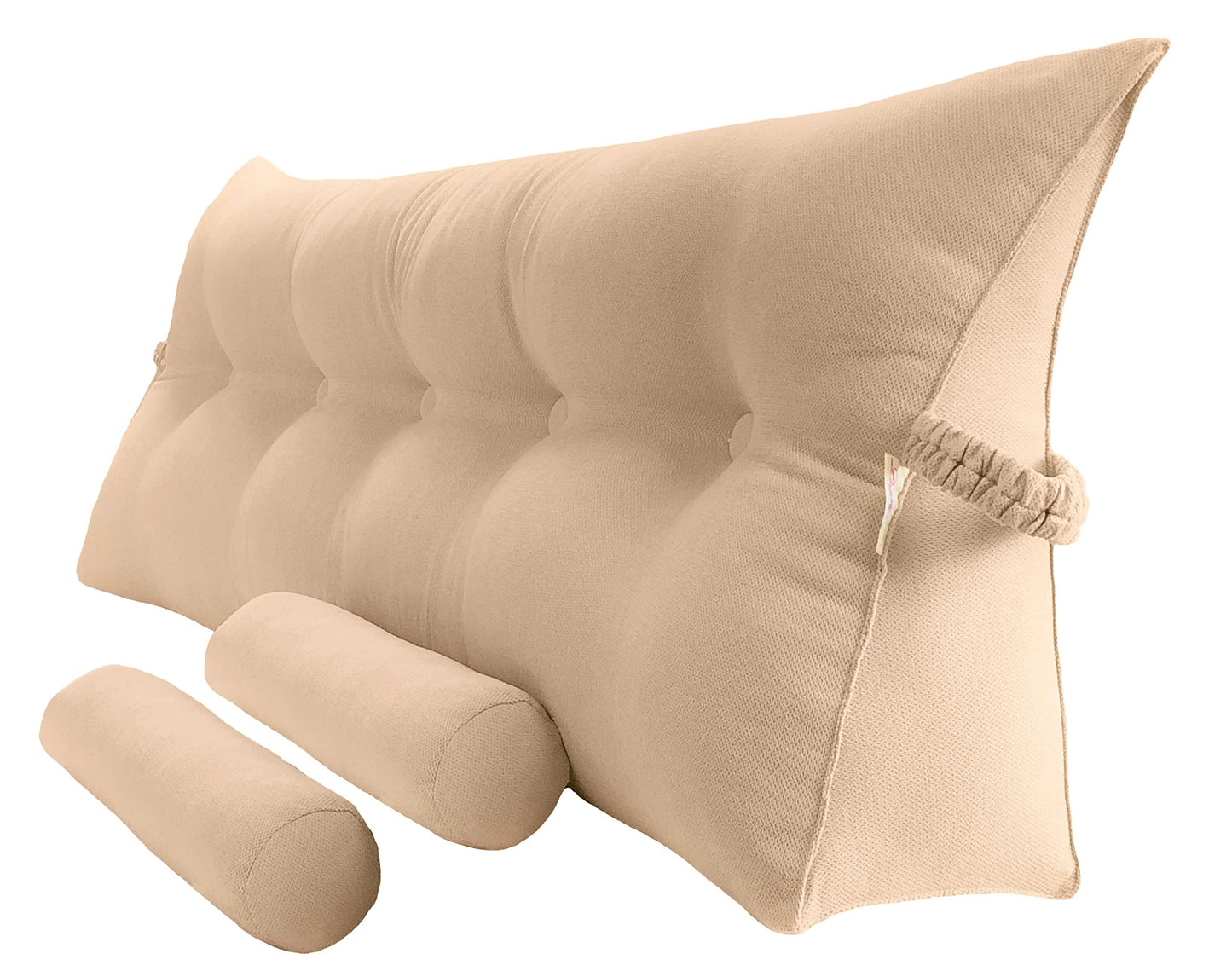 Triangular Reading Bed Rest Pillow Large Bolster Cushion Headboard Backrest Wedge Pillow with Two Detachable Roll Pillows for Neck & Lumbar Support (Beige, Queen: 59 x 8 x 20 inches)