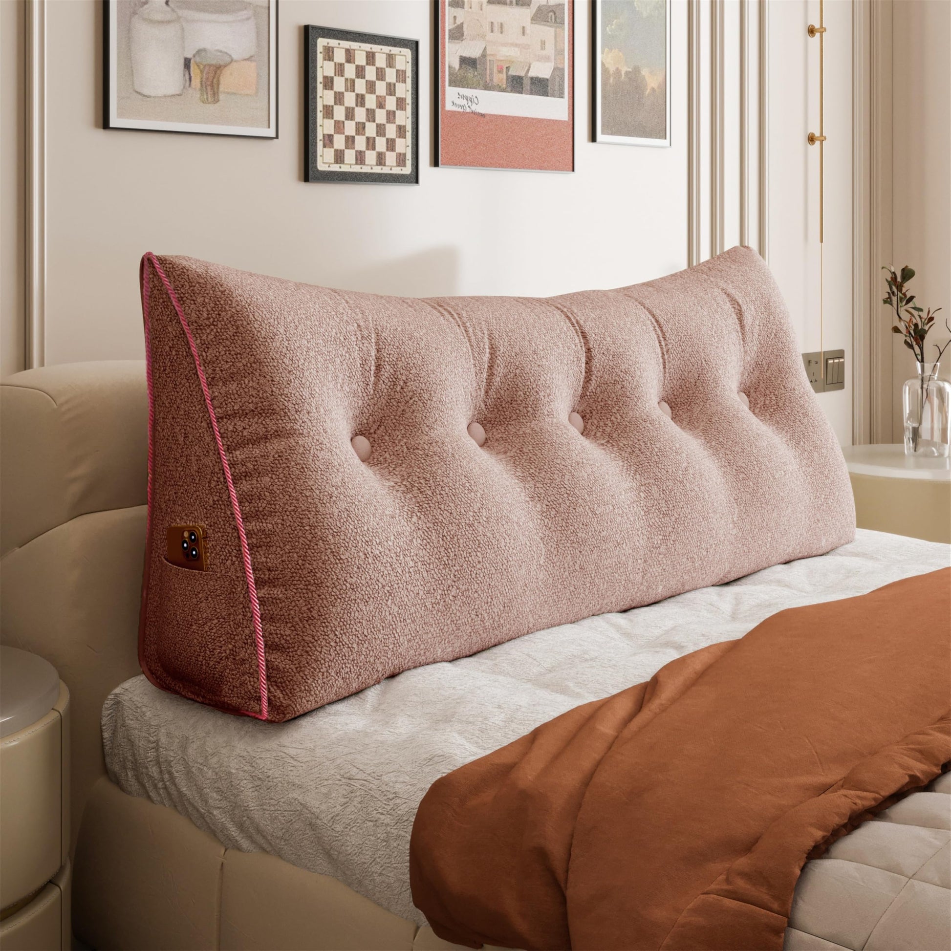 11 lbs Thickened Queen Headboard Pillow for Sitting Up in Bed, Back Support Reading Pillow with Side Pocket and Velvet Removable Cover, Triangular Large Wedge Headboard Pillow