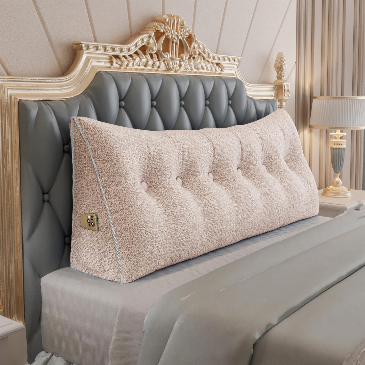 11 lbs Thickened Queen Headboard Pillow for Sitting Up in Bed, Back Support Reading Pillow with Side Pocket and Velvet Removable Cover, Triangular Large Wedge Headboard Pillow