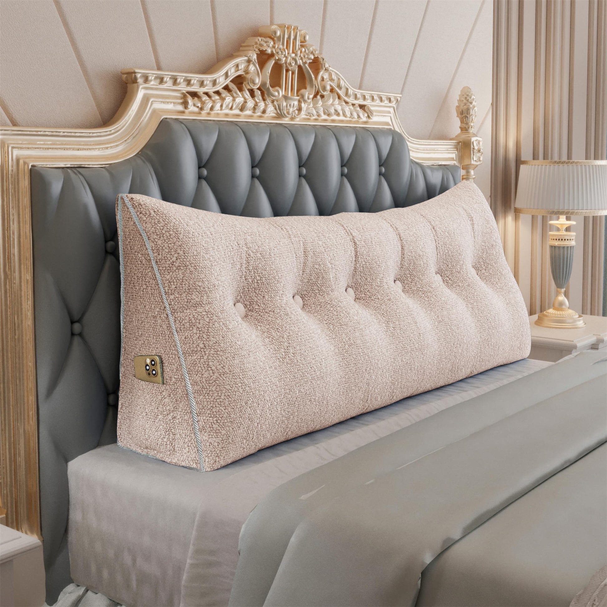 11 lbs Thickened Queen Headboard Pillow for Sitting Up in Bed, Back Support Reading Pillow with Side Pocket and Velvet Removable Cover, Triangular Large Wedge Headboard Pillow