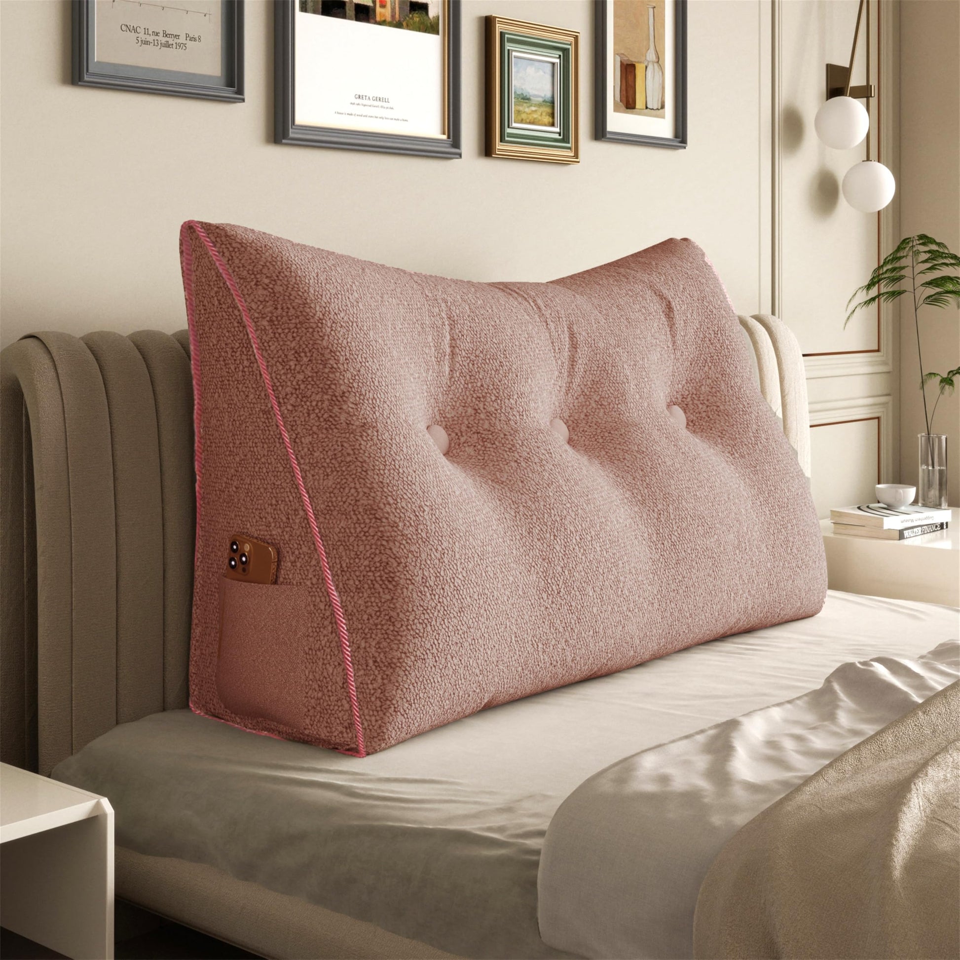11 lbs Thickened Queen Headboard Pillow for Sitting Up in Bed, Back Support Reading Pillow with Side Pocket and Velvet Removable Cover, Triangular Large Wedge Headboard Pillow