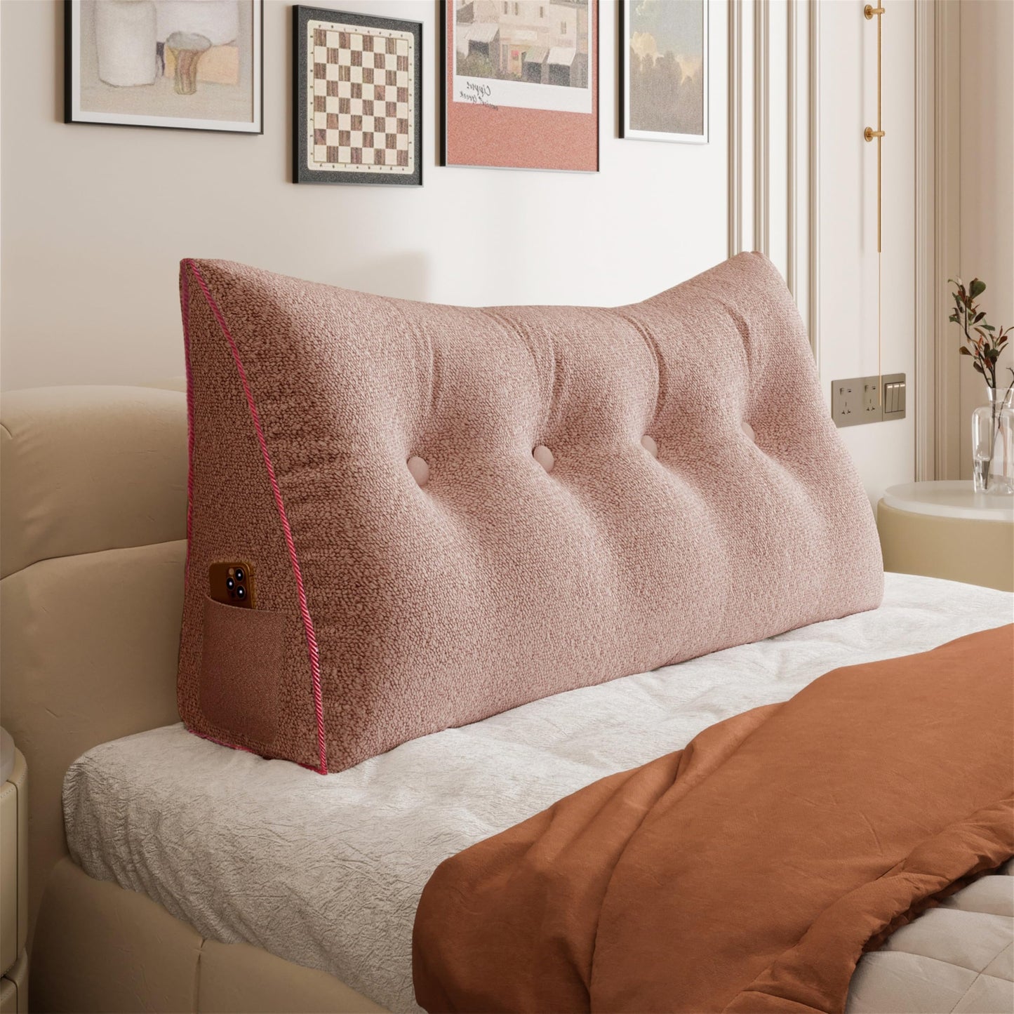 11 lbs Thickened Queen Headboard Pillow for Sitting Up in Bed, Back Support Reading Pillow with Side Pocket and Velvet Removable Cover, Triangular Large Wedge Headboard Pillow