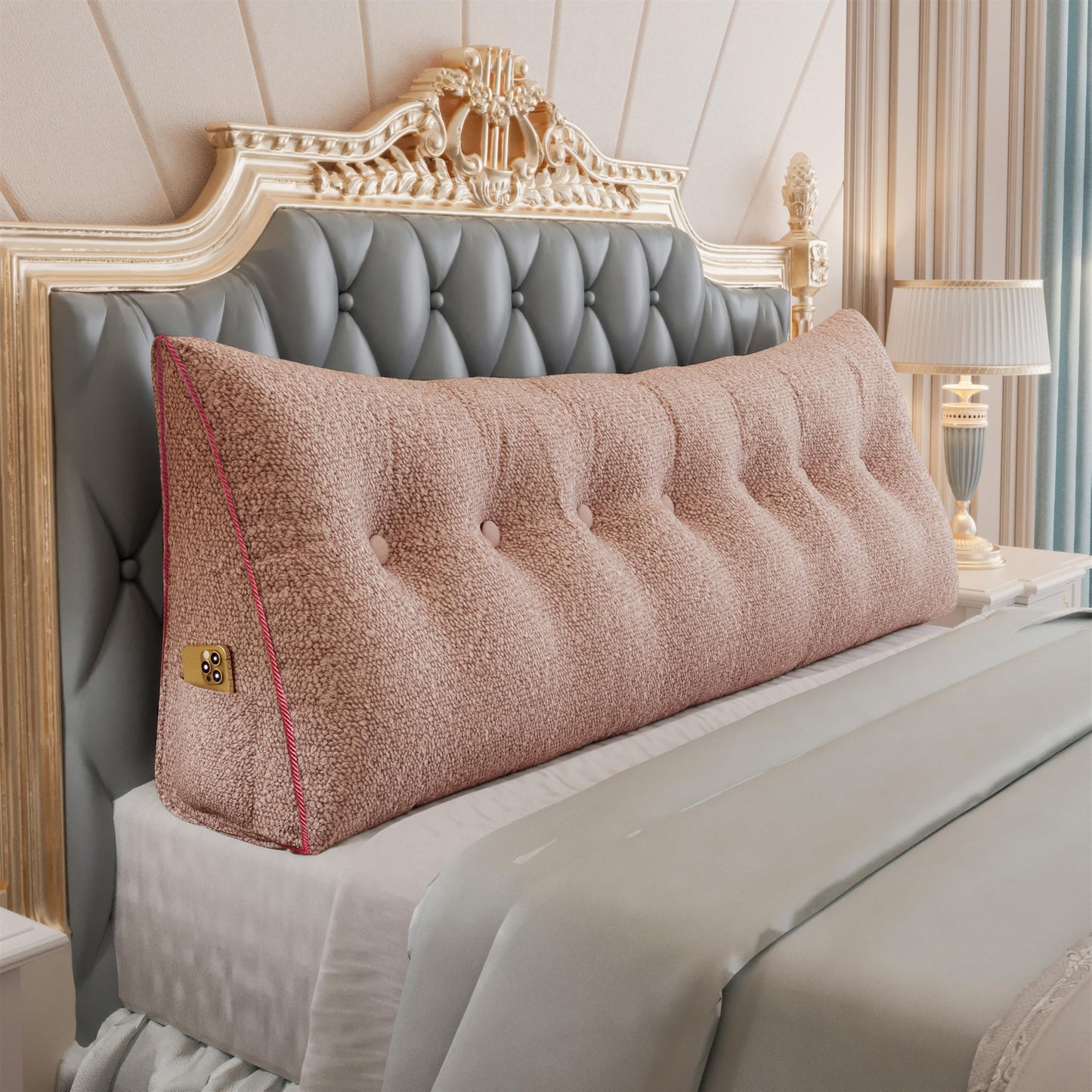 11 lbs Thickened Queen Headboard Pillow for Sitting Up in Bed, Back Support Reading Pillow with Side Pocket and Velvet Removable Cover, Triangular Large Wedge Headboard Pillow