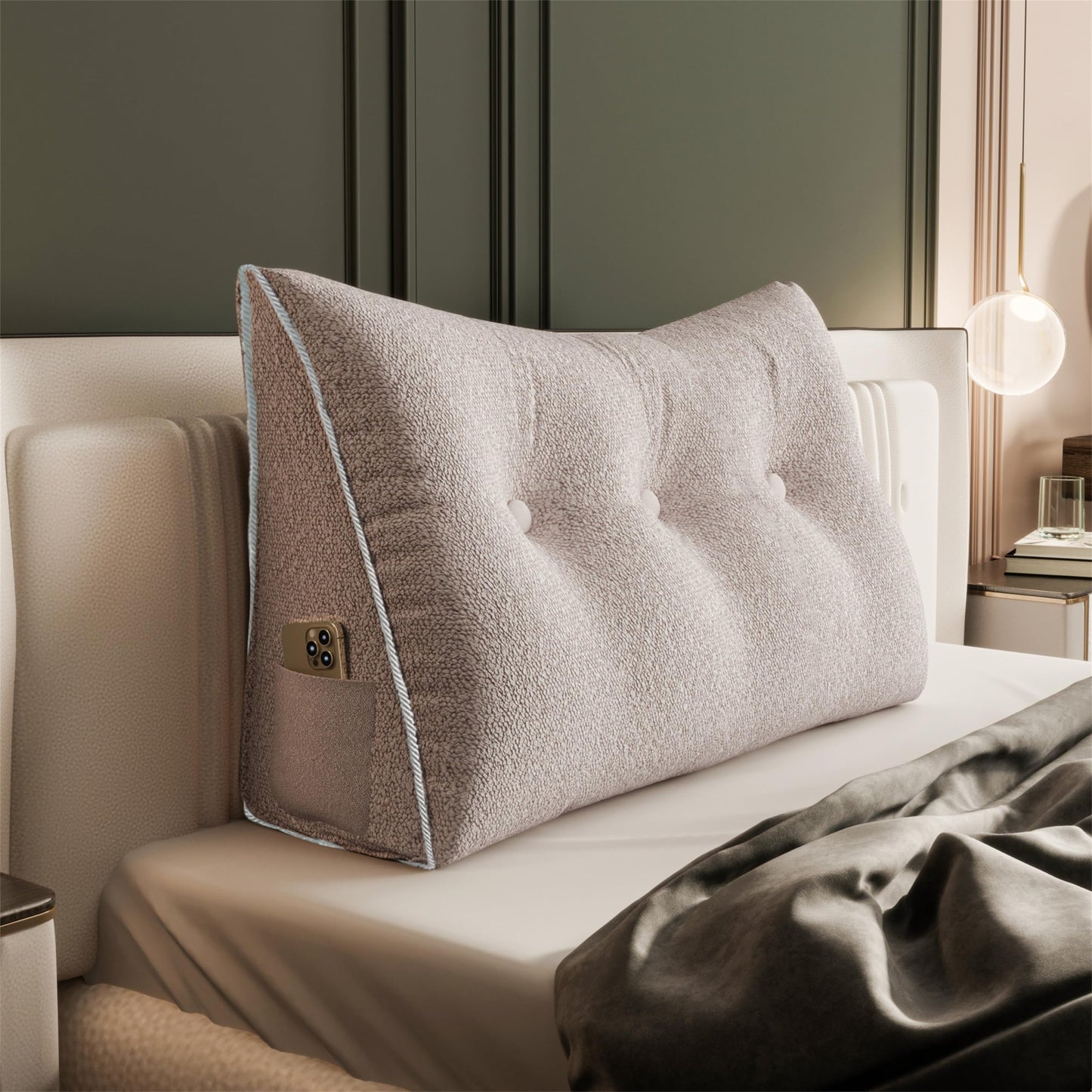 11 lbs Thickened Queen Headboard Pillow for Sitting Up in Bed, Back Support Reading Pillow with Side Pocket and Velvet Removable Cover, Triangular Large Wedge Headboard Pillow