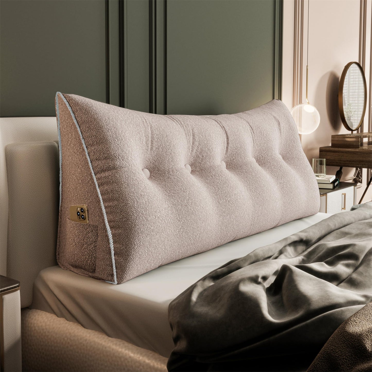 11 lbs Thickened Queen Headboard Pillow for Sitting Up in Bed, Back Support Reading Pillow with Side Pocket and Velvet Removable Cover, Triangular Large Wedge Headboard Pillow