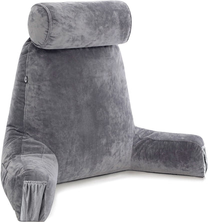 Husband Pillow XXL The Original for Adults - 30" Tall Backrest for Sitting Up in Bed - Firm Support Reading & Bed Rest Pillows for Adults, Neck Roll, Removable Cover - TV - Dark Grey