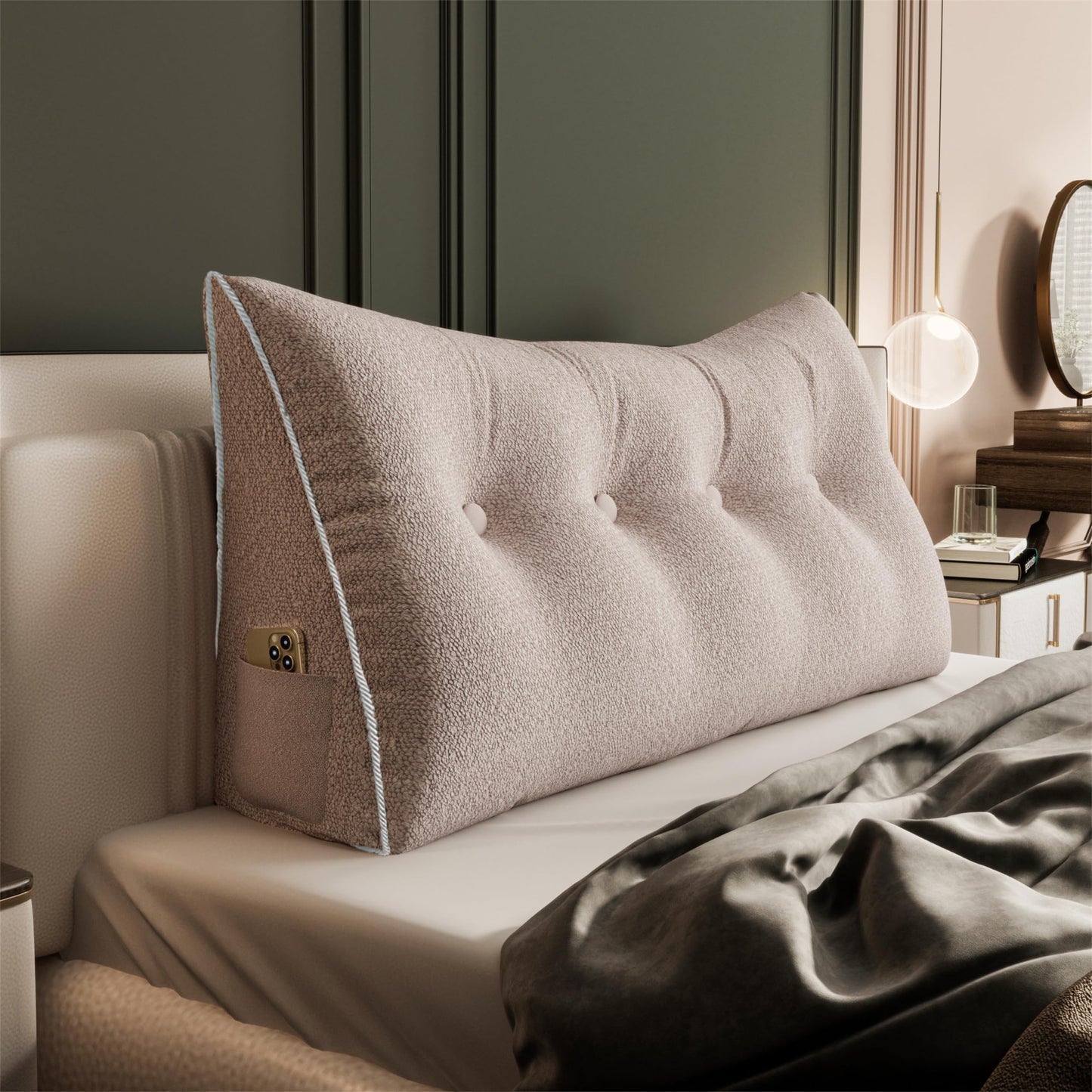 11 lbs Thickened Queen Headboard Pillow for Sitting Up in Bed, Back Support Reading Pillow with Side Pocket and Velvet Removable Cover, Triangular Large Wedge Headboard Pillow